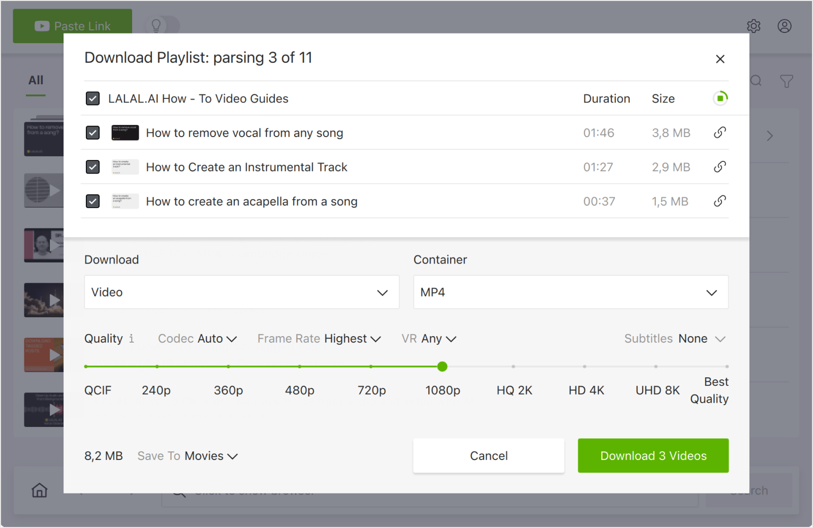 User interface of a video downloading application
